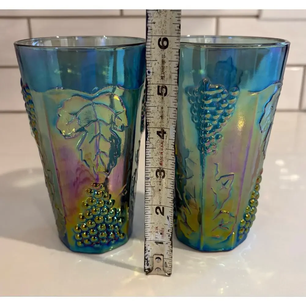 Pair of Vintage Indiana Carnival Glass Irridescent Tumblers with Grape Motif